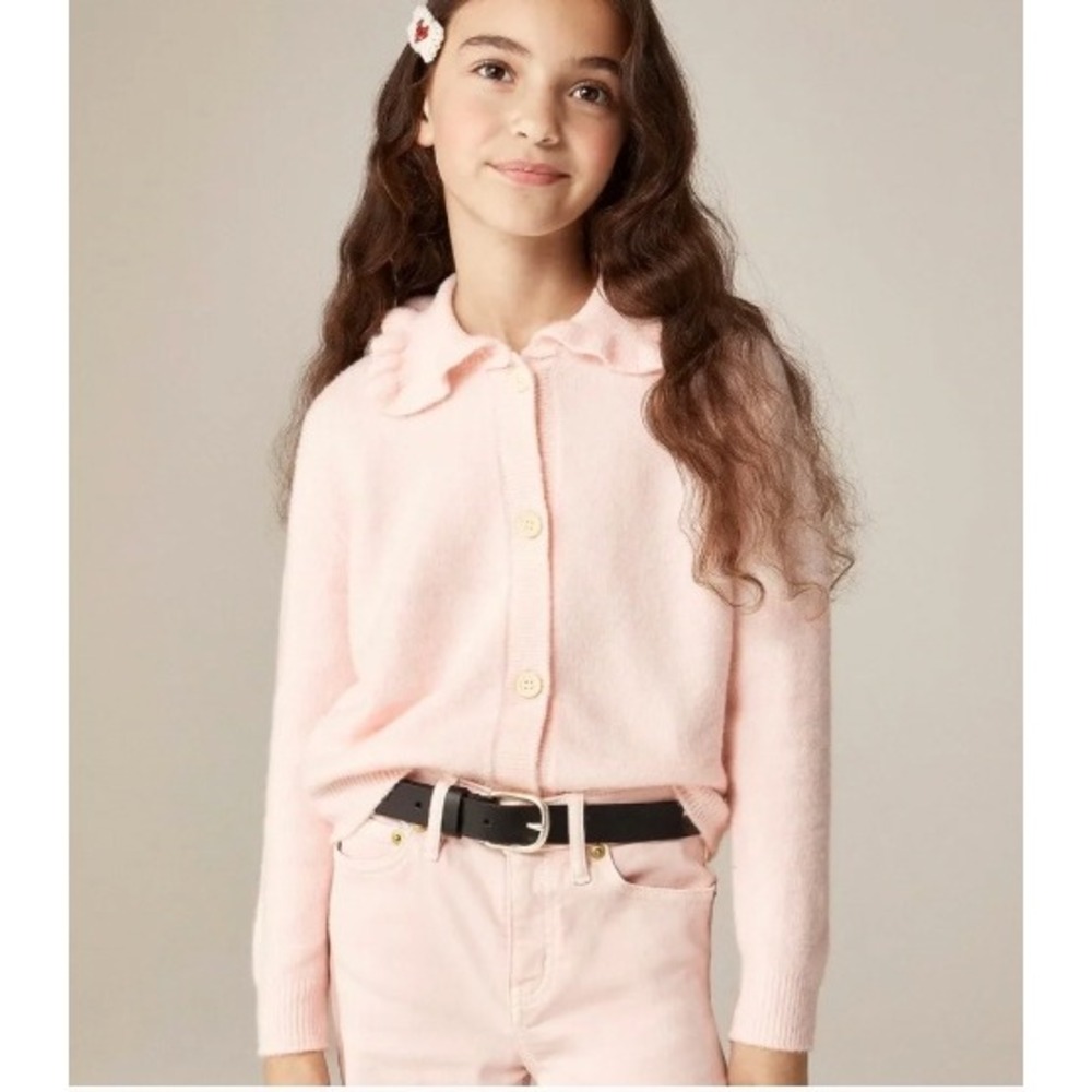 Crewcuts Girls Pink Ruffle Collar Cardigan Merino Alpaca Blend Sweater Size M
